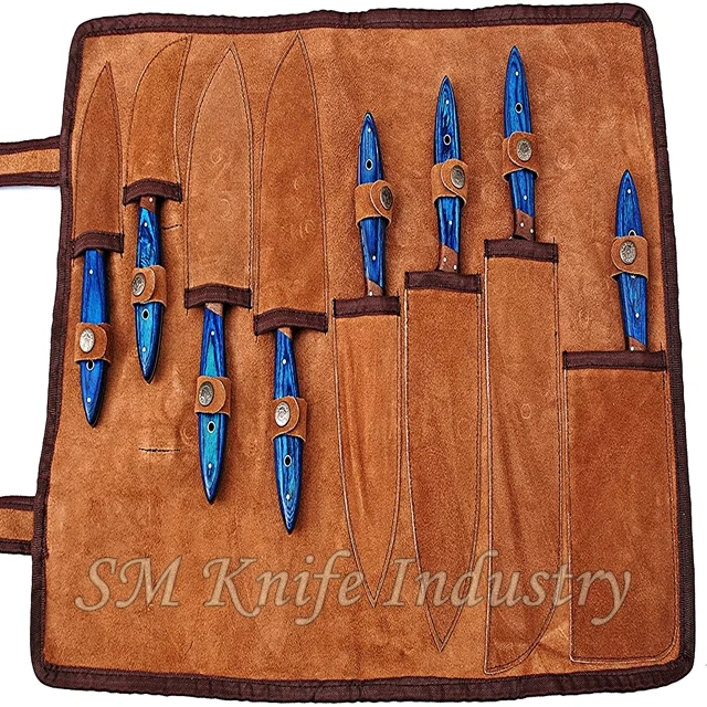 Chef Knives Set with Leather Kit Round Handle Damascus 8 Pieces DAMASCUS Steel Kitchen Cutting Foods Chopping Meat