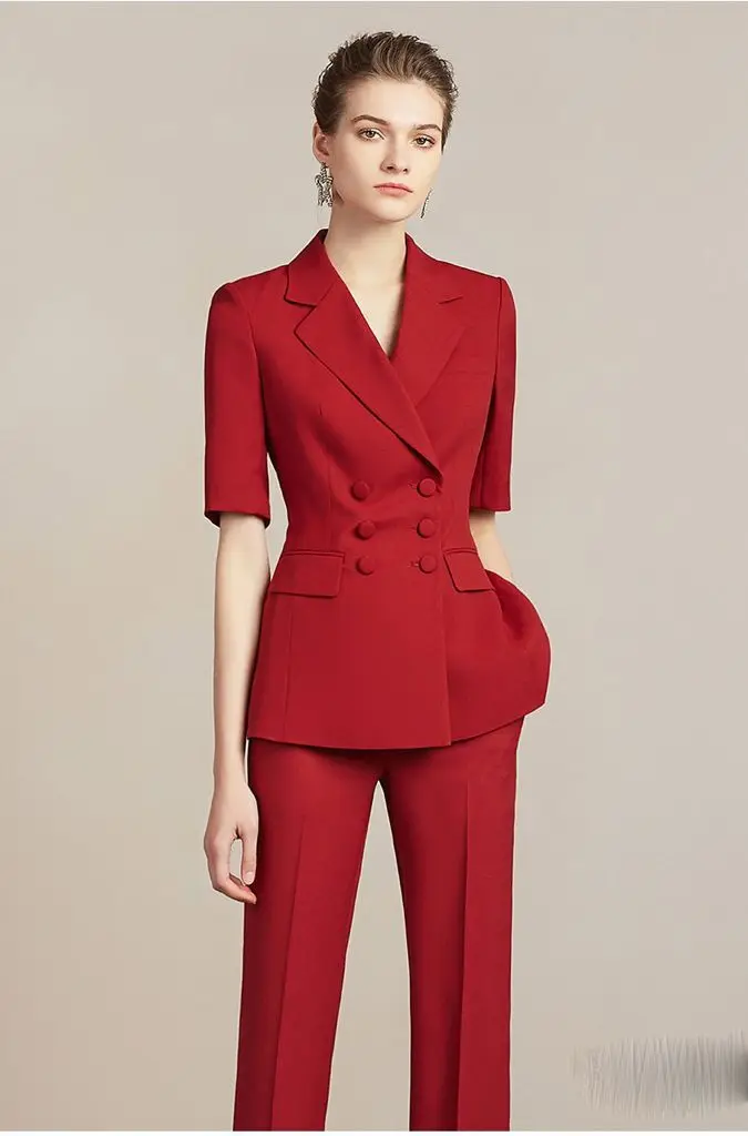 Trendy Lady Suit Set Formal Fashion For Business Girls Red Color Short Sleeves Two Piece Pants Set Women