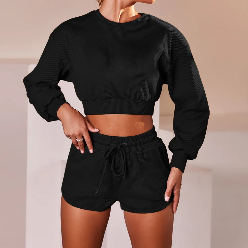 summer high waist 2 pieces 100% cotton women ladies cropped top casual shorts tracksuit