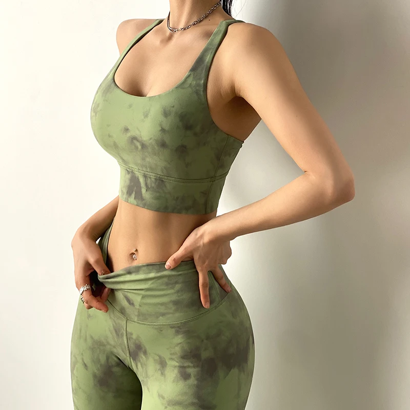 custom logo yoga fitness workout sets fade sports bra and legging tie dye set gym tights jogging  yoga set