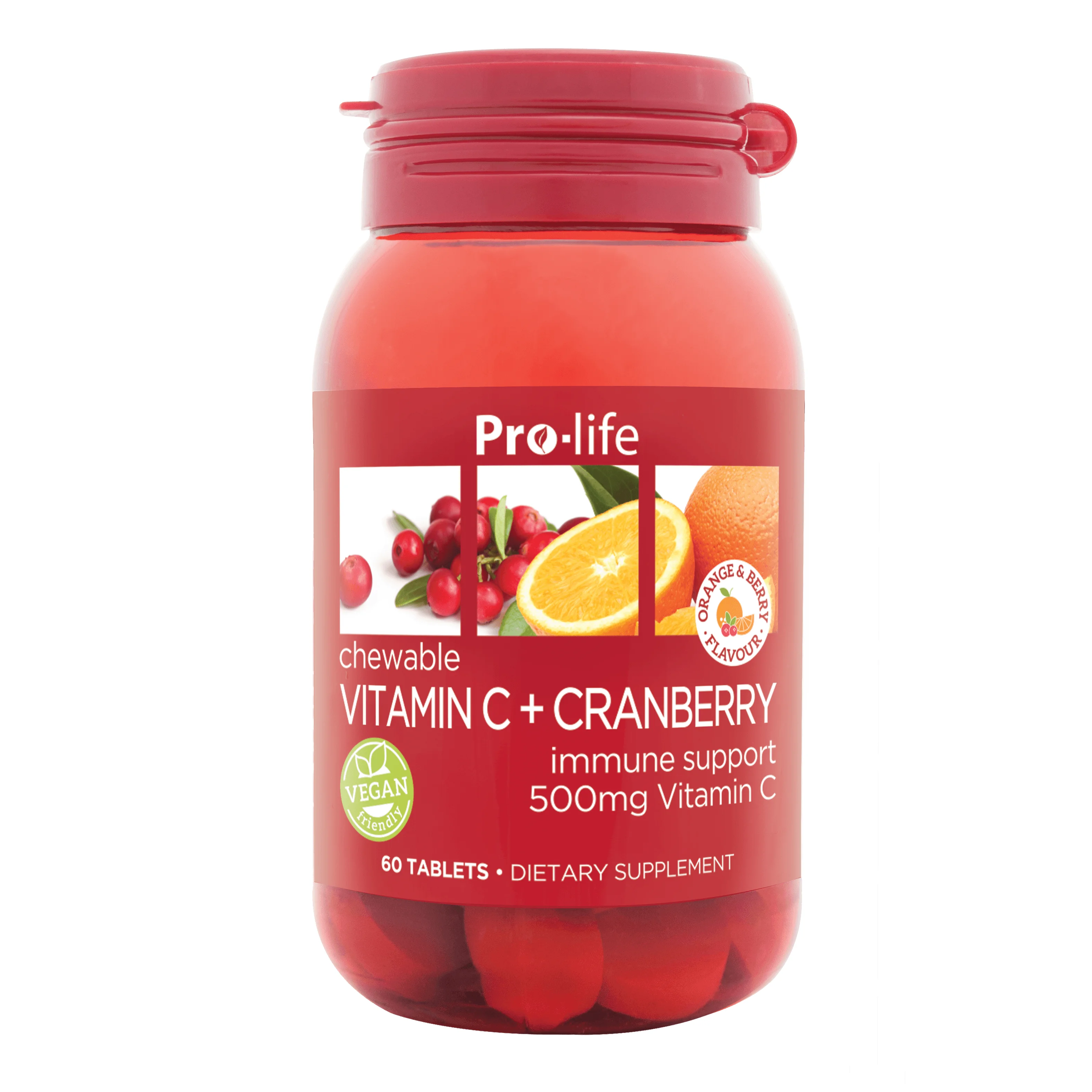 
Pro-life Vitamin C + Cranberry Chewable | Support Immunity, Circulation and Heart Health with Orange and Berry Flavour 