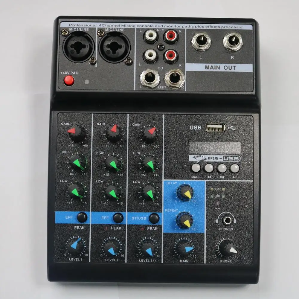 
USB Audio Interface 4 Channel PC/Mobile Live Mixer Console Audio Interface Built-in Effect Processor 