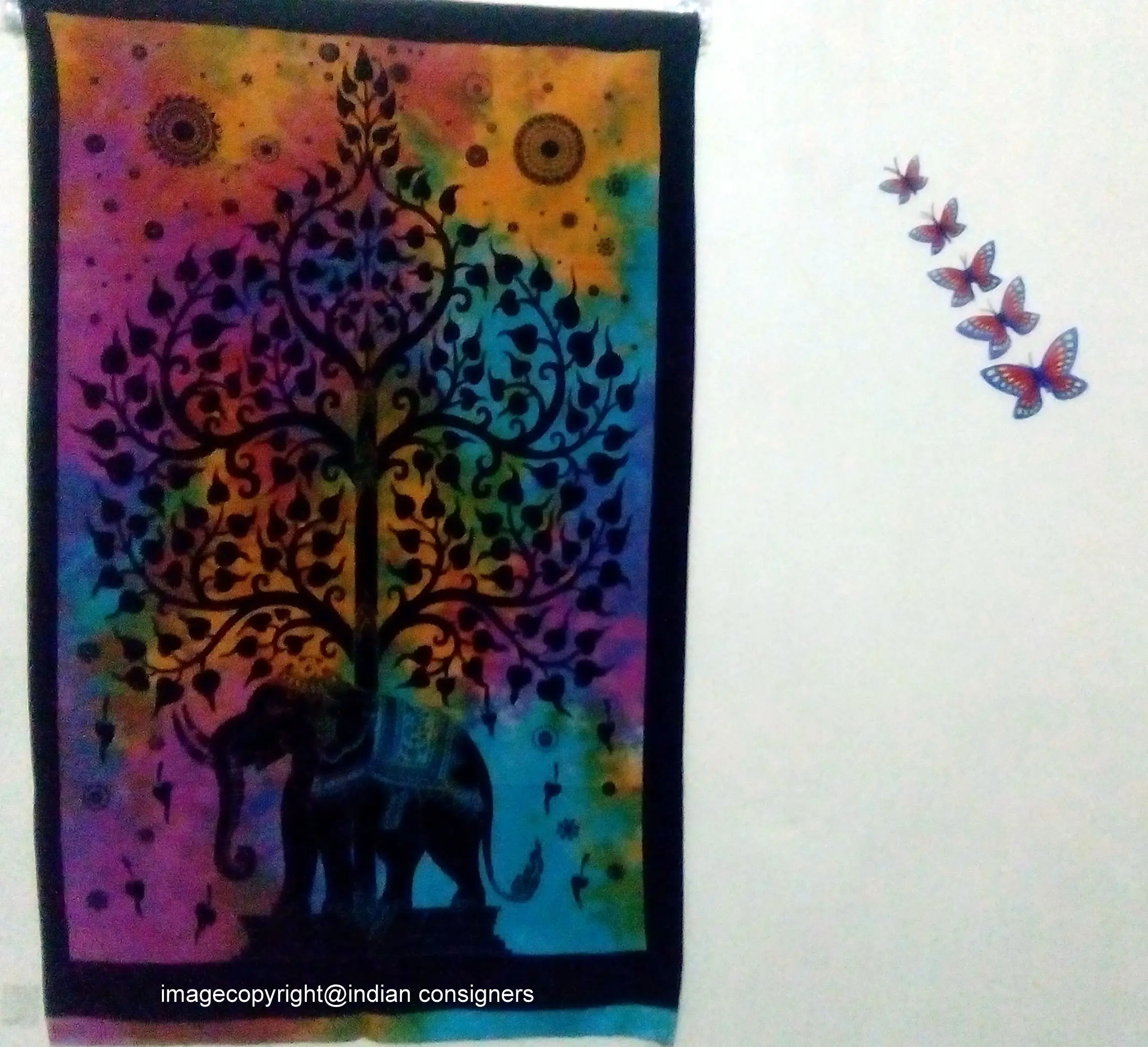 Wall Hanging Multi Cotton Fabric Throw Beautiful Multiple Color Elephant Tree Small Tapestry Poster