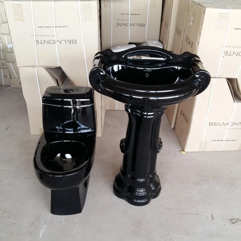 Hot Black Color High Quality Bathroom Suit Ceramic One Piece Toilet Commode with Pedestal Wash basin in Porcelain Product