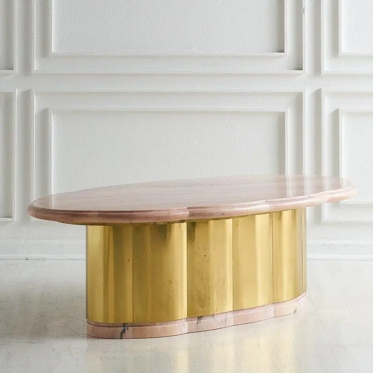 Pink Marble and Brass Coffee Table with Scalloped Base