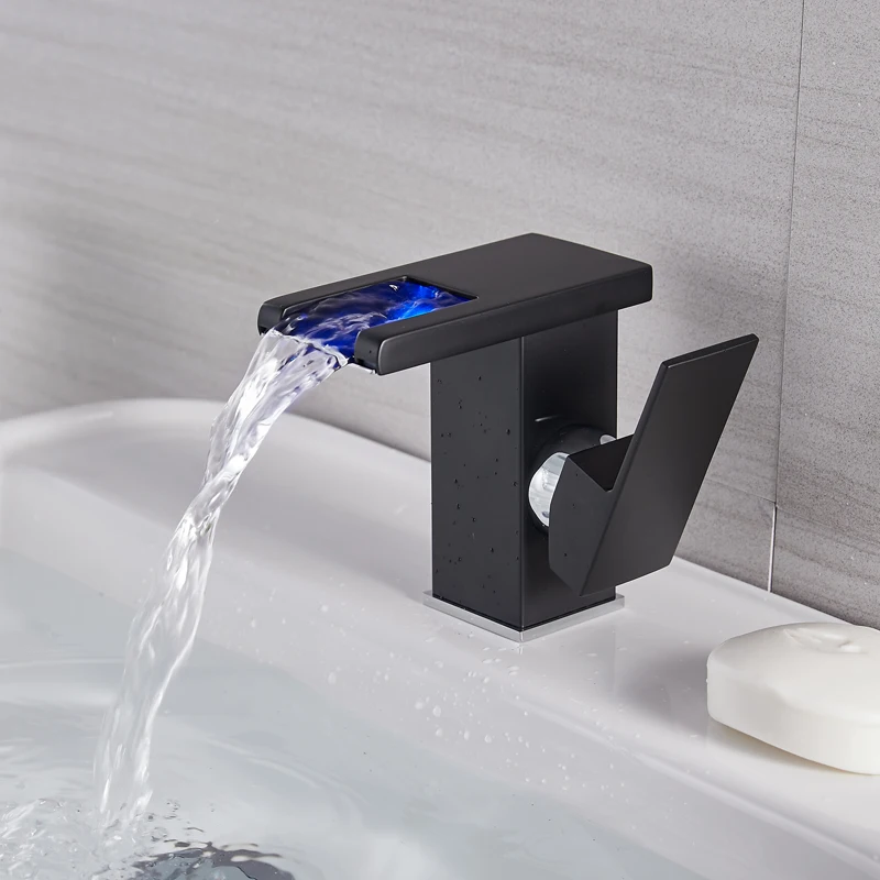 Hydropower LED 3 Color bathroom deck mounted modern style black brushed waterfall faucet cold and hot water tap waterfall tap