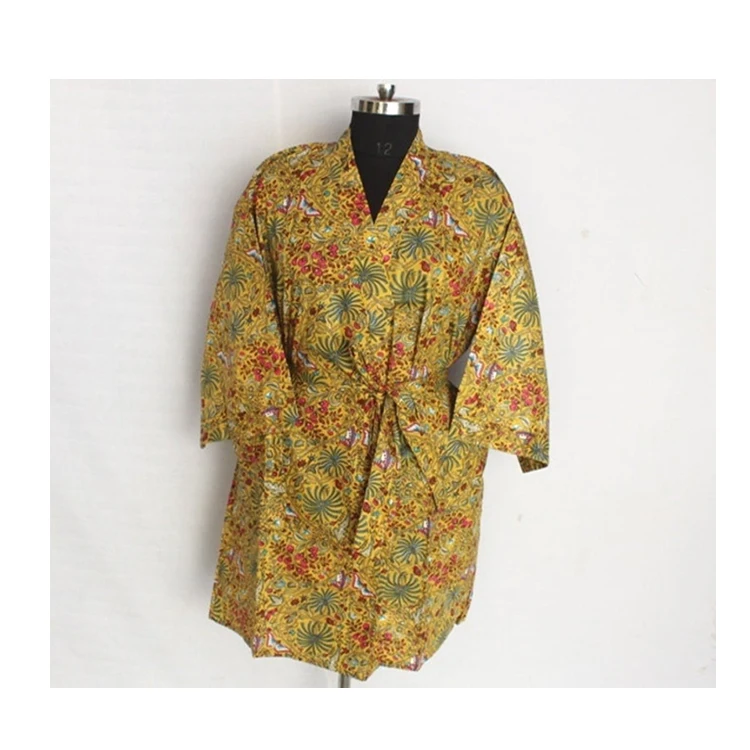 High Quality Silk Polyester Mixed Silk Fabric Floral Print Kimono Robe with Adjustable Belt in Yellow Color for Women