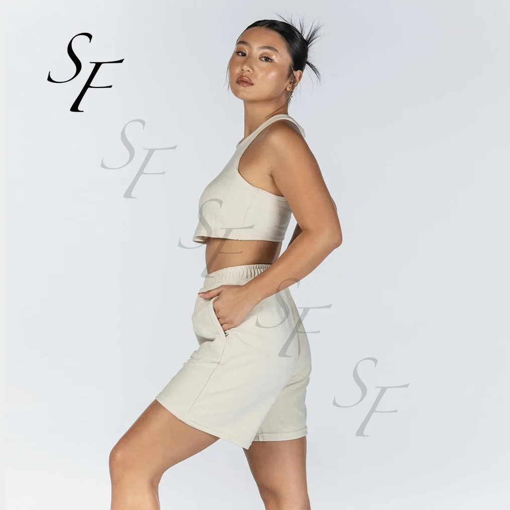 Wholesale Custom terry toweling summer comfy sleeveless crop vest matching terry towel short beach set