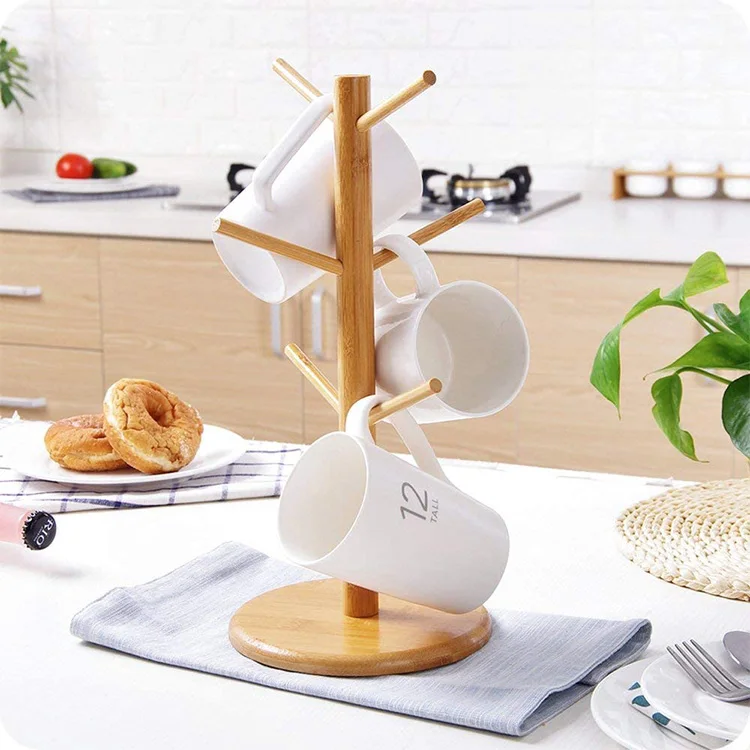 Home Kitchen Countertop Bamboo Coffee Bar Organizer Stand Tea Cup Rack Bracelet Holder Wooden Coffee Mug Tree