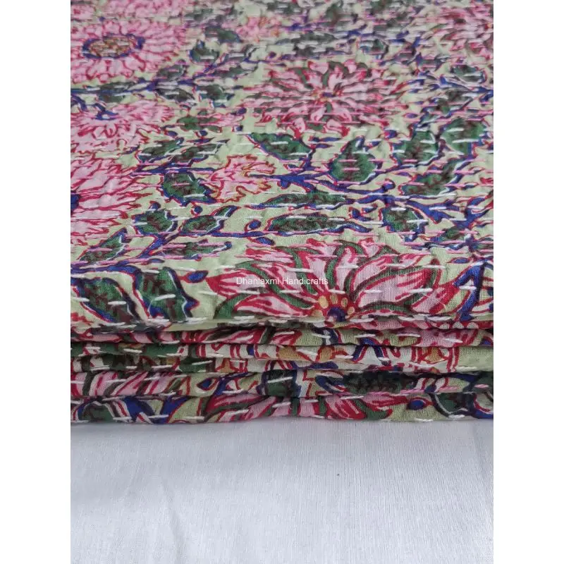 Green Indian Handmade Sunflower Print Cotton Kantha Quilt Beautiful Floral Wholesale Kantha Bedspread