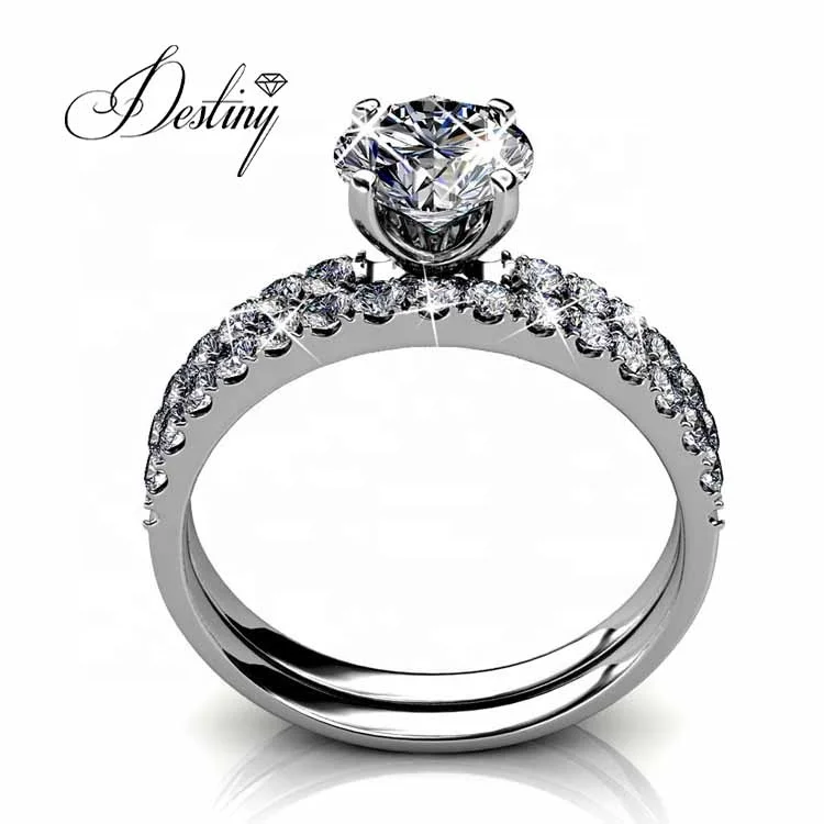 Sterling Silver 925 Premium Austrian Crystal Jewelry Wedding Engagement 2 In 1 Solitaire Ring Set For Women Destiny Jewellery