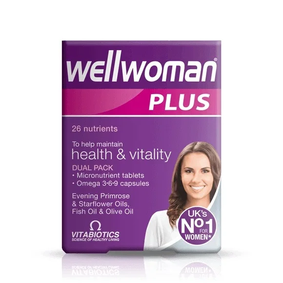 Таблетки Wellwoman Plus Omega 3-6-9, Vitabiotic Wellwoman Plus 56 дюймов, Vitabiotics Wellwoman Plus, 56 капсул