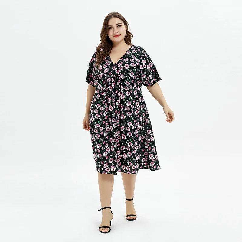 OEM ODM Black Color Deep V-Neck Plus Size Oversize Pink Flower Printed Clothing Big Women Casual Dress