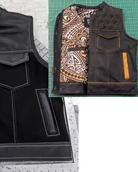 Mens Biker Style Denim Club Vest Side Lace Waistcoat With Real Leather Trim Motorcycle Vest for Men