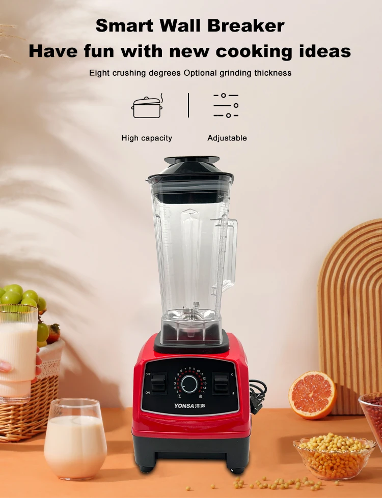 Yonsa Heavy Duty Commercial Blenders High Speed Smoothies Heating Blender Hot & Cold Soup Maker Electric Plastic 15 Red 220 5500