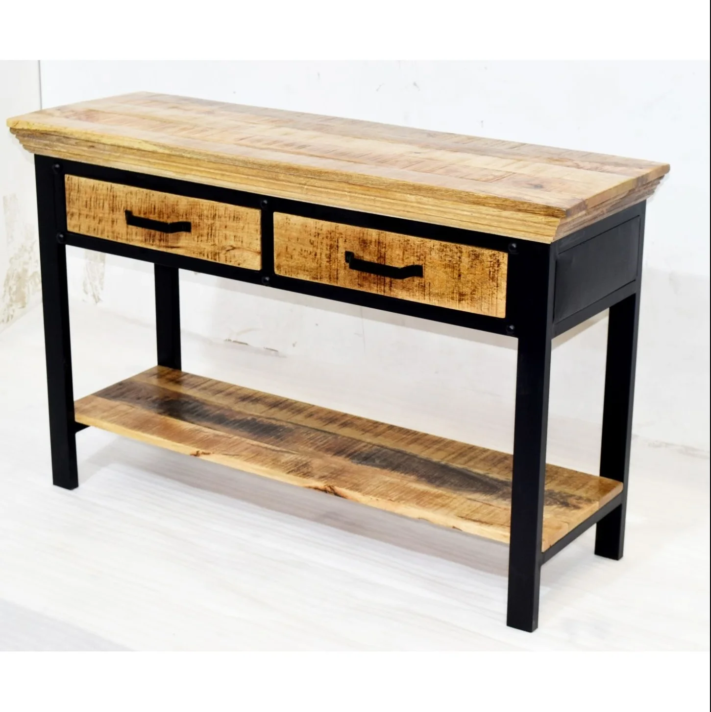 Industrial Style Antique Furniture Iron and Wooden Side Console Tables with Two Storage Drawer for Home Living Room