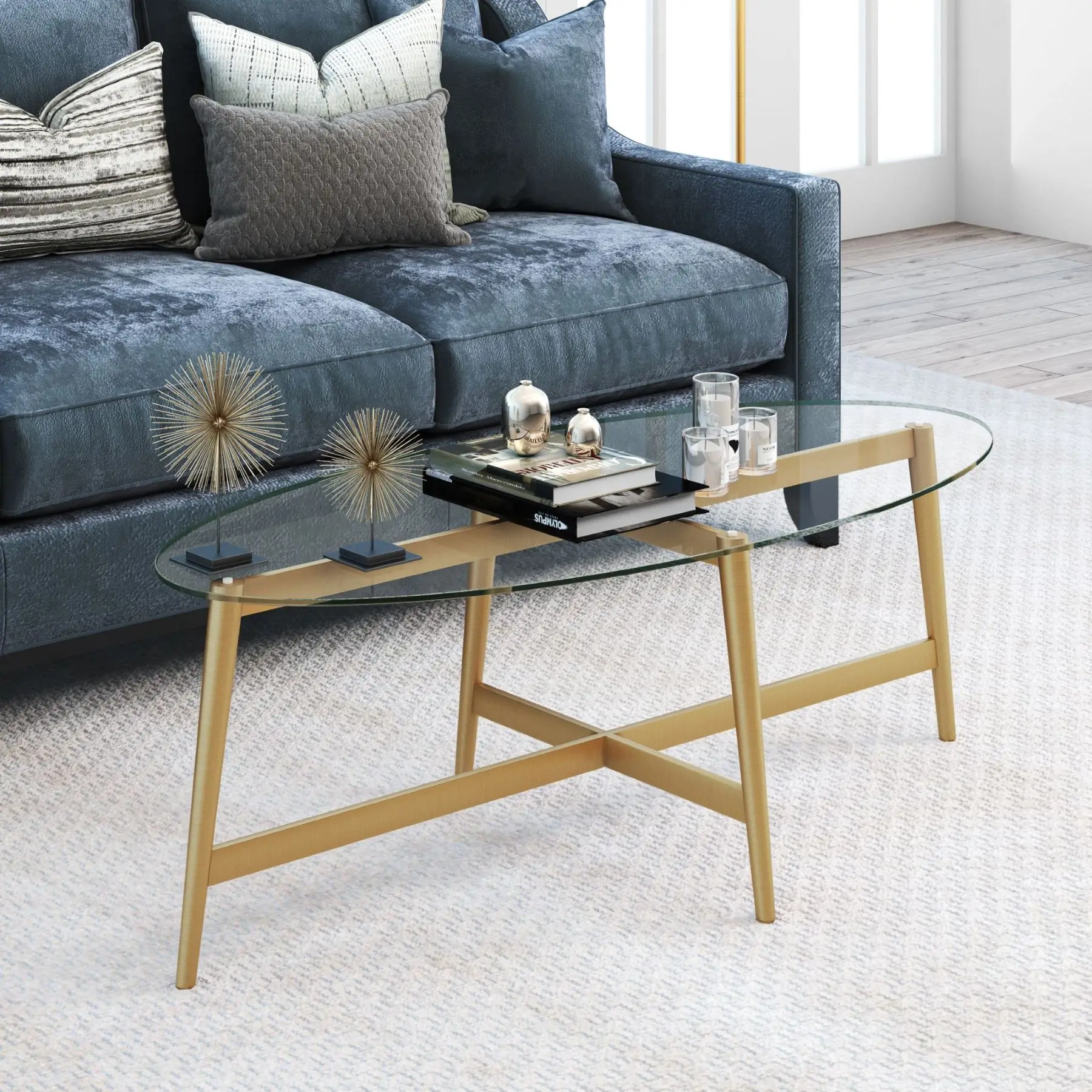 Oval Glass Top Coffee Table in Weathered Pewter Modern Design Metal Furniture Coffee Table for Living Room Latest Design 2024