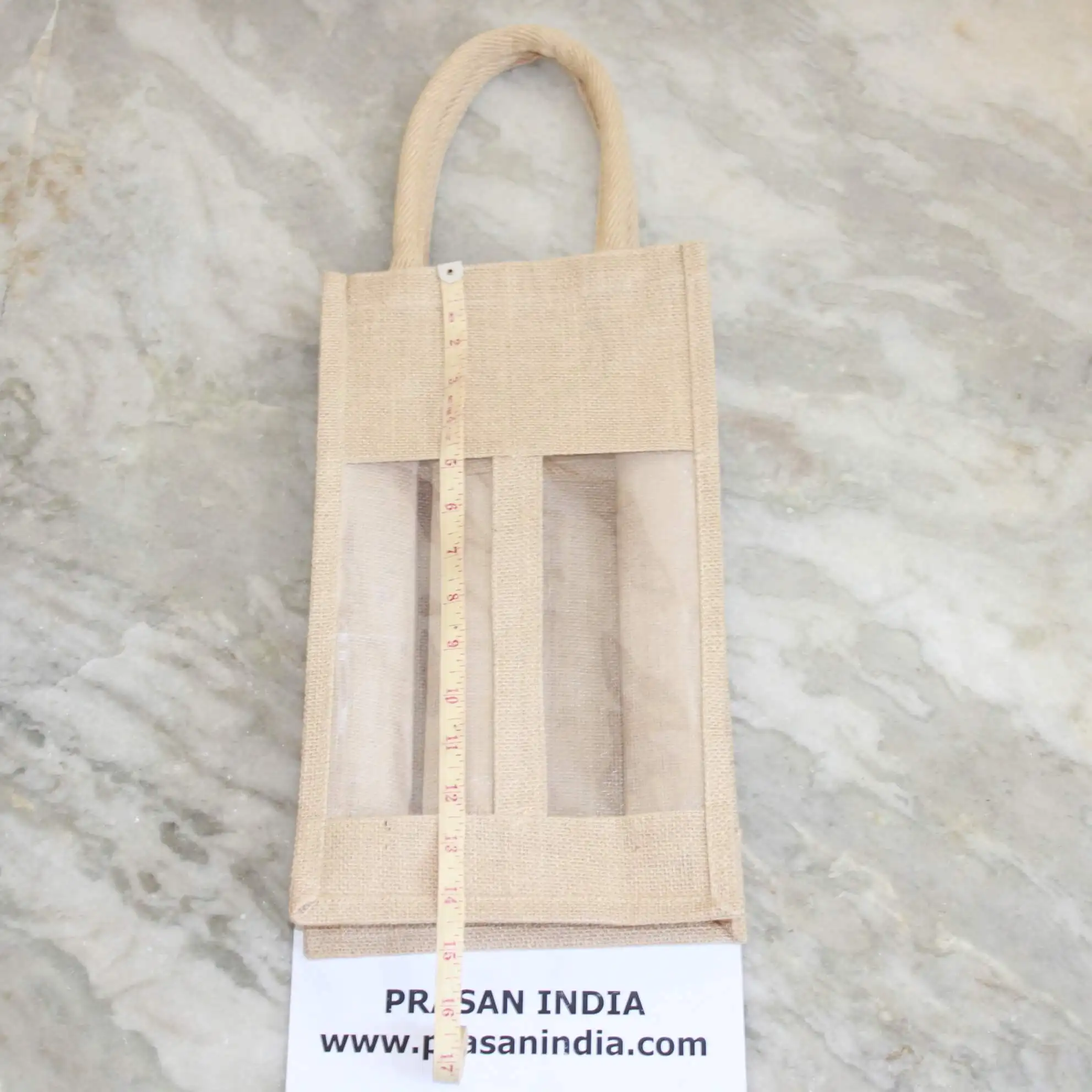 Two Bottle Wine Bag with front Transparent window main material used to construct the bag is JUTE