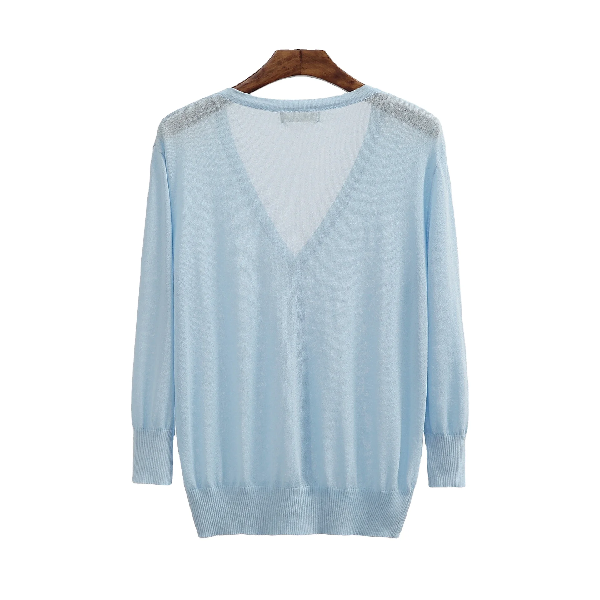 
Breathable Ladies Thin Sweater Womens Blue Buttoned Spring Cropped Cardigan 