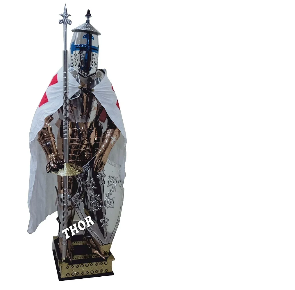 Medieval Stainless Steel Knight Armor Suit Rust-Free Full Body Wearable Halloween Plus Size Double Breasted Button Fly V-Neck