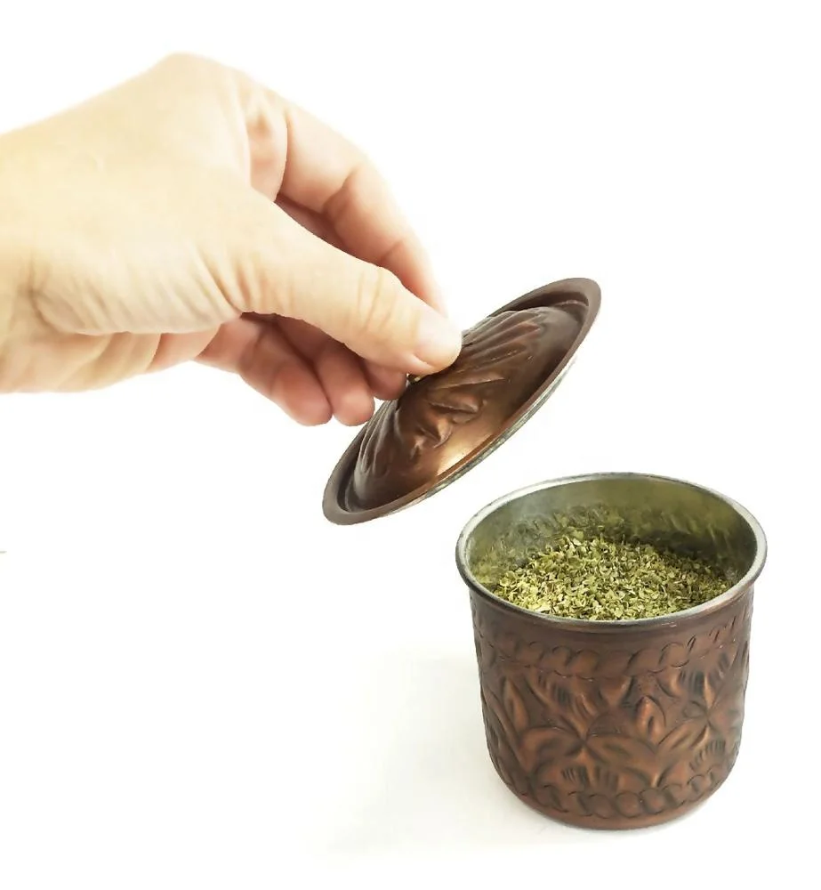 Turkish Handmade Hand Carved Safran Antique Look Copper Spice and Herb Storage, Container, Sugar Bowl