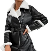 OEM customised Winter Women Faux Shearling Sheepskin Faux Leather Jacket Lady Thick Warm Suede Lamb Short Moto Biker Black Coats