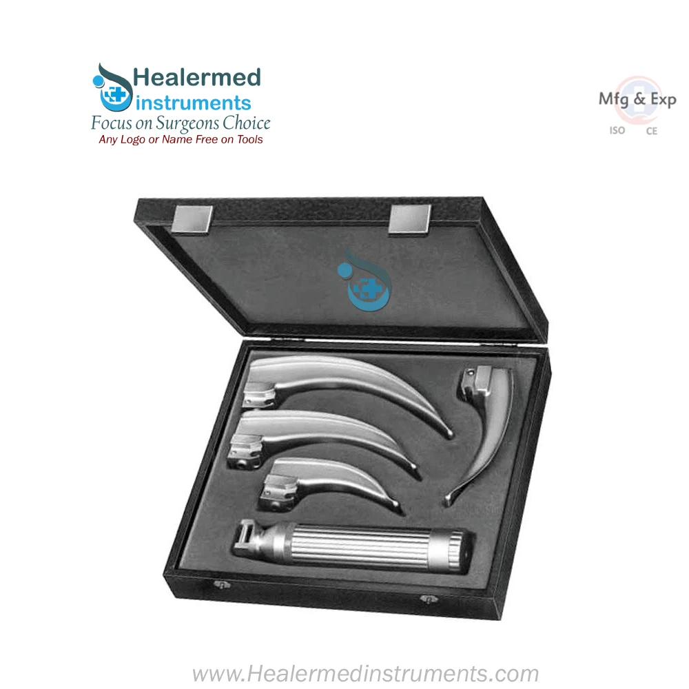 Набор волоконно-оптических ларингоскопов MCINTOSH с 4 лезвиями в деревянной коробке rexin