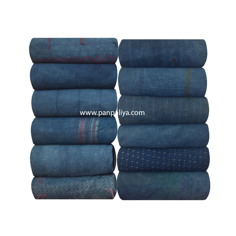 Hot Selling Indian Vintage Blue Indigo Kantha Quilt, Handmade Old Reversible Ralli Dyed Quilts