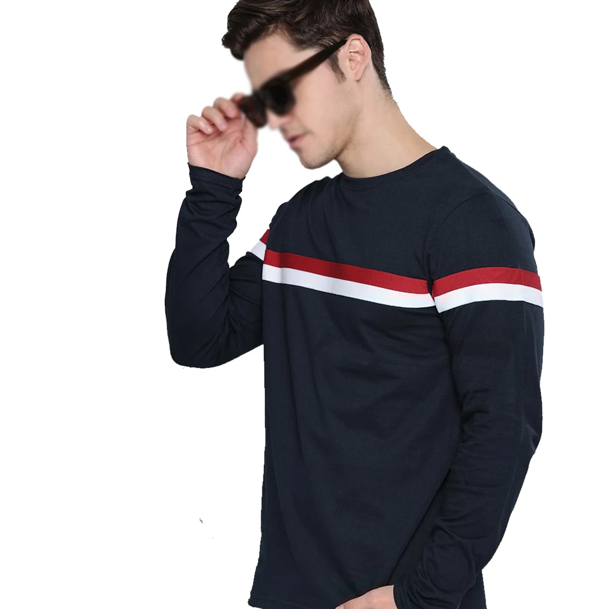 Navy Blue & Red Striped Cotton T-Shirt Wholesale Best Quality New Design Men Long Sleeve T-Shirts By XAPATA SPORTS