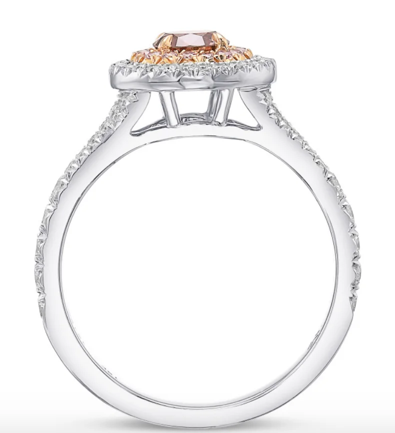 0.87 Carats Fancy Deep Brownish Orange Pink Round Cut Double Halo Diamond 18K Gold Ring Real Gems