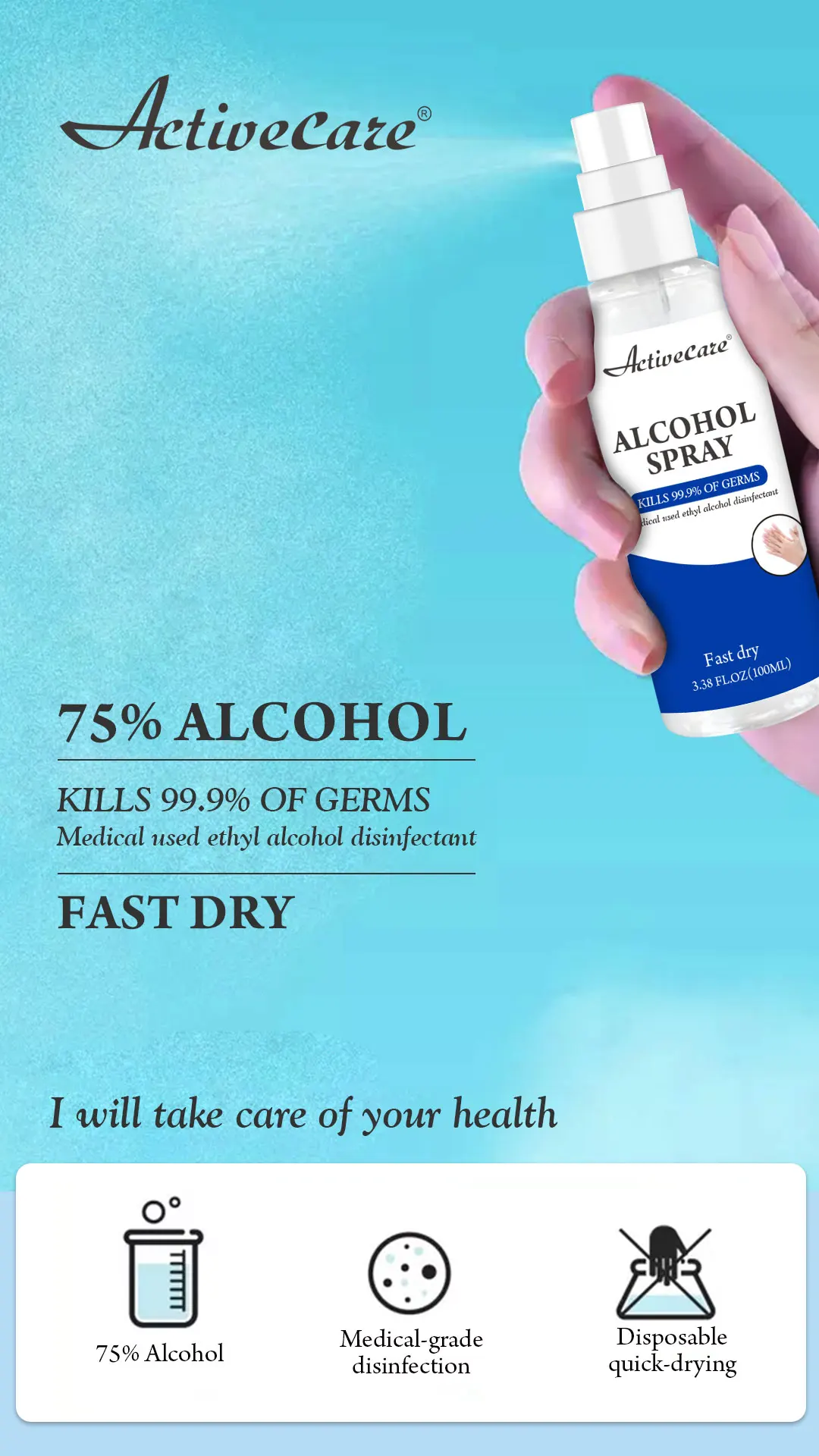 In stock ISO GMP certified 75% Isopropyl Alcohol Spray Disinfectant Spray 100ml