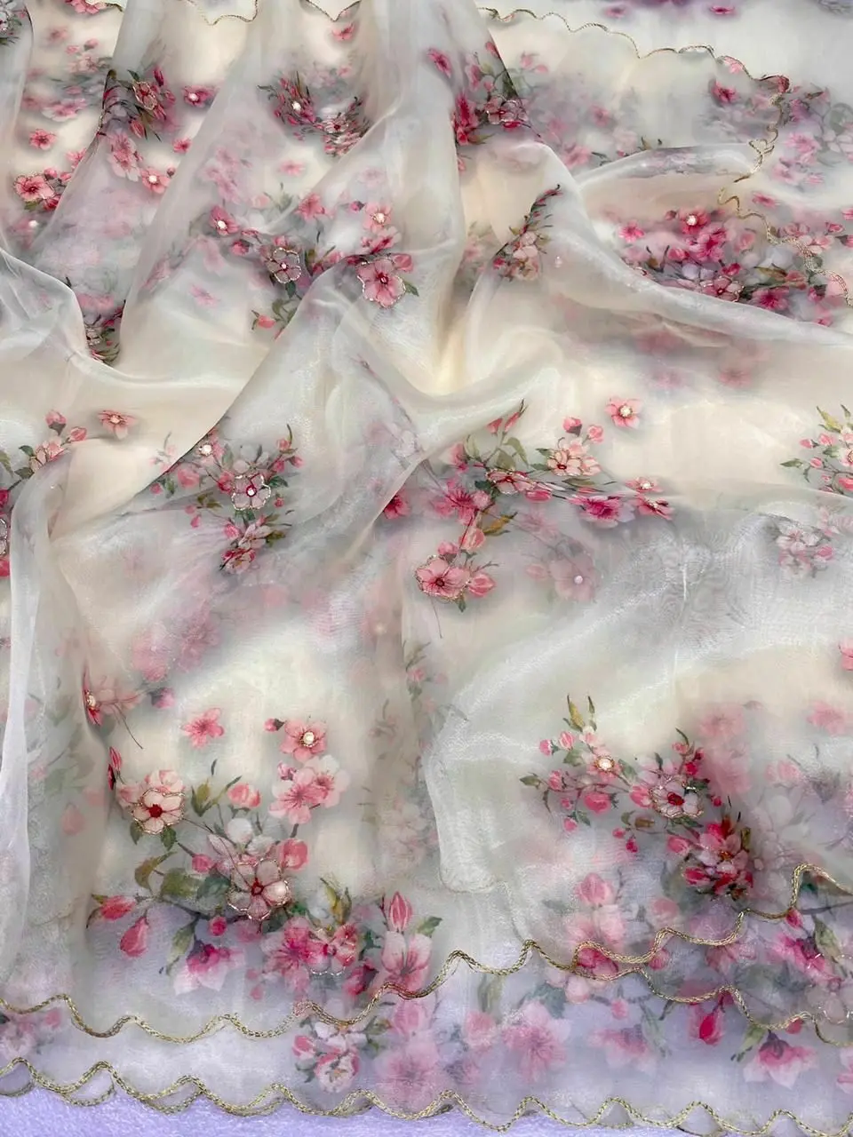 Womens Pure Organza Silk Hand Embroidery Khatli Work Digital Printed Exclusive Saree