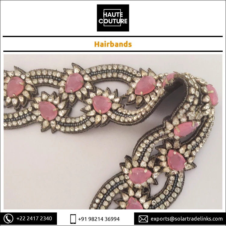 Opal Pink Stones Made Festive Wear Hand Embroidered Hairband Scallop Design Fashion Hairbands for Girls at Bulk Price
