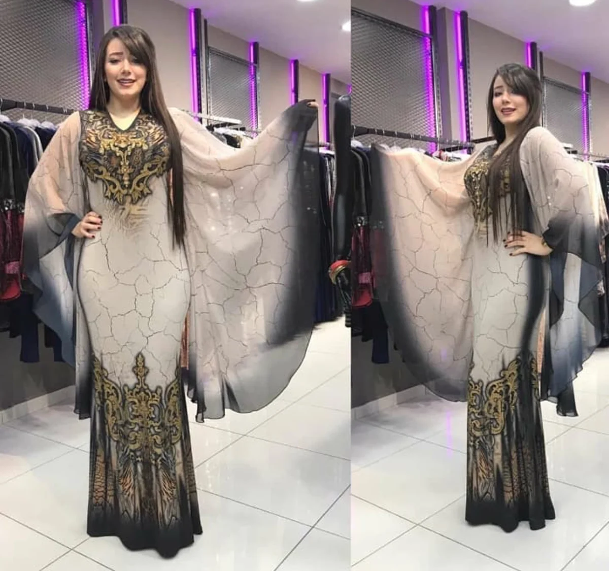 African fashion ladies ware printed v-neck fit body fish-tail big chiffon long hand long dress