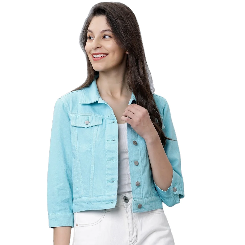 2022 Spring Autumn Customized fashion denim jacket women  jean jackets ferozi Color women denim/jean jacket