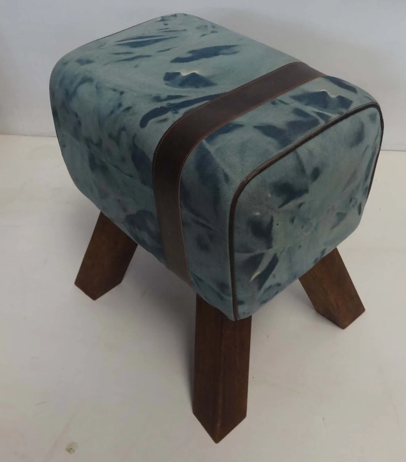 Vintage Industrial Genuine Goat Leather Canvas Fabric Shoe Seat Ottoman Stool bone inlay console ottoman