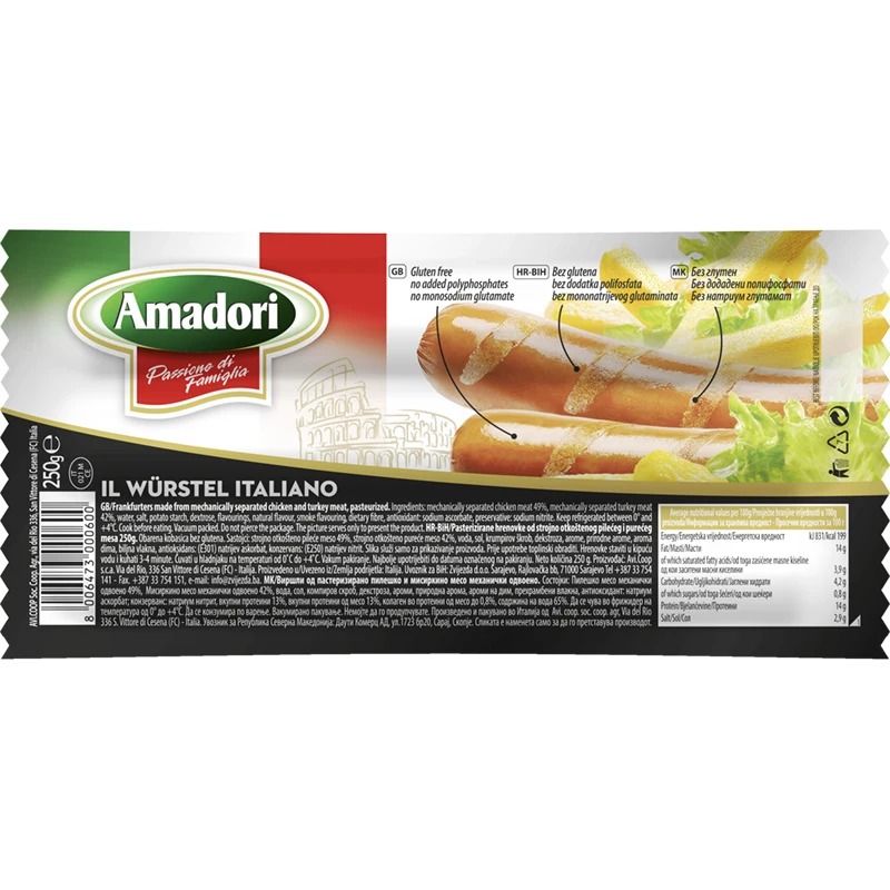 Made in italy ready to ship ready to cook poultry meat retail pack 250 g chicken and turkey wurstel