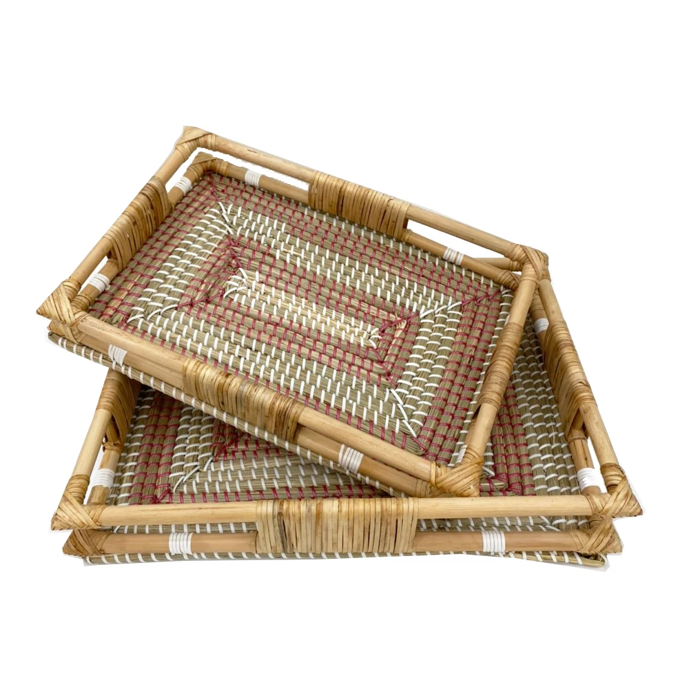 Direct exporter best quality square natural seagrass tray use woven seagrass tray for serving tray bohemian patterns set 2