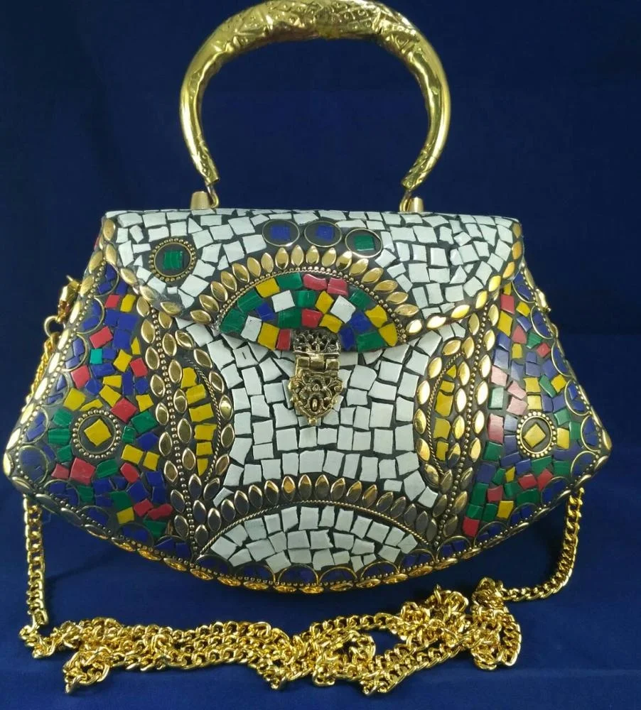 Metal mosaic clutch Purse Beach Handbags for Women Handmade Ladies Bag Vintage Gift Chains Tassel Embroidery Cross