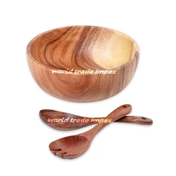 Acacia Wood Salad Bowl with Servers Set - Large 10 inches Solid Hardwood Salad Wooden Bowl with Spoon for Fruits,Salads