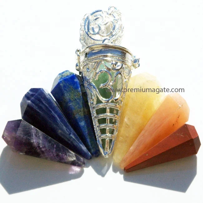 
Wholesale gemstone Silver OM Cage Pendulum with Chakra facetted cones: Online Chakra Pendulums 