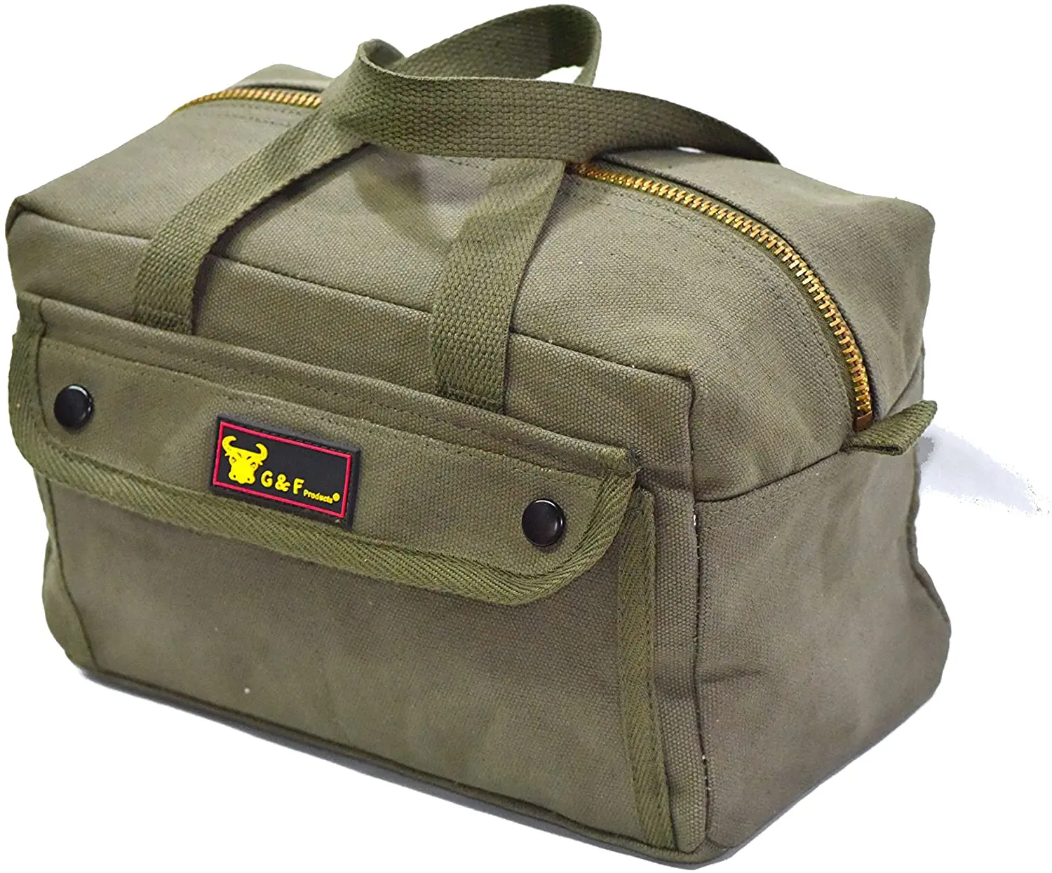 G & F Products 10095OLIVE Government Issued Style Mechanics Heavy Duty Tool Bag with Brass zipper and side pockets, tool bag fo
