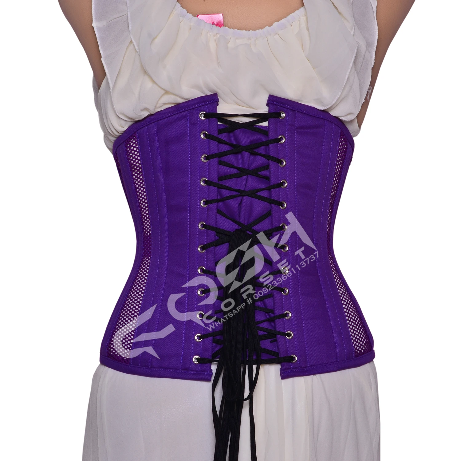 Party Wear Steel Boned Plain Purple Mesh And Cotton Under Bust With Extreme Curvy Shape, Waist Slimming Casual Wear Hourglass