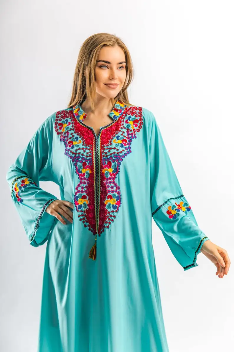 Boho Hand Embroidered Dress Women Casual Ethnic Style Clothes Long Sleeve V Neck Bohemian Short Dress