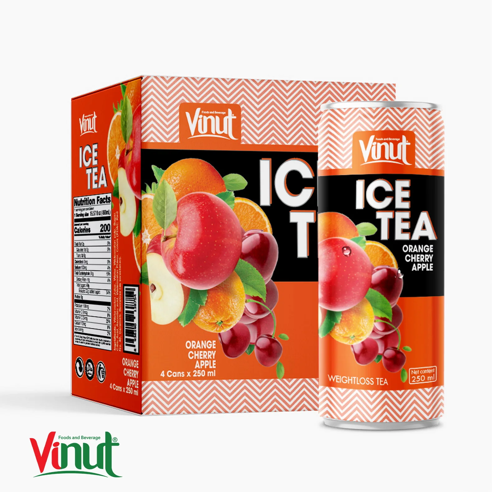 355ml Carbonated drinks VINUT Box 4 Cans Ice Tea Orange Apple Cherry Juice Sellers Low Sugar Low-Fat Private label beverage