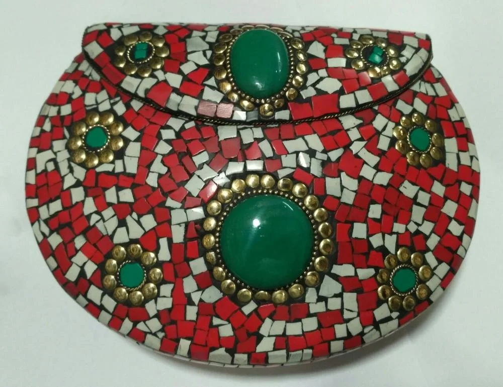 Metal mosaic clutch Purse Beach Handbags for Women Handmade Ladies Bag Vintage Gift Chains Tassel Embroidery Cross