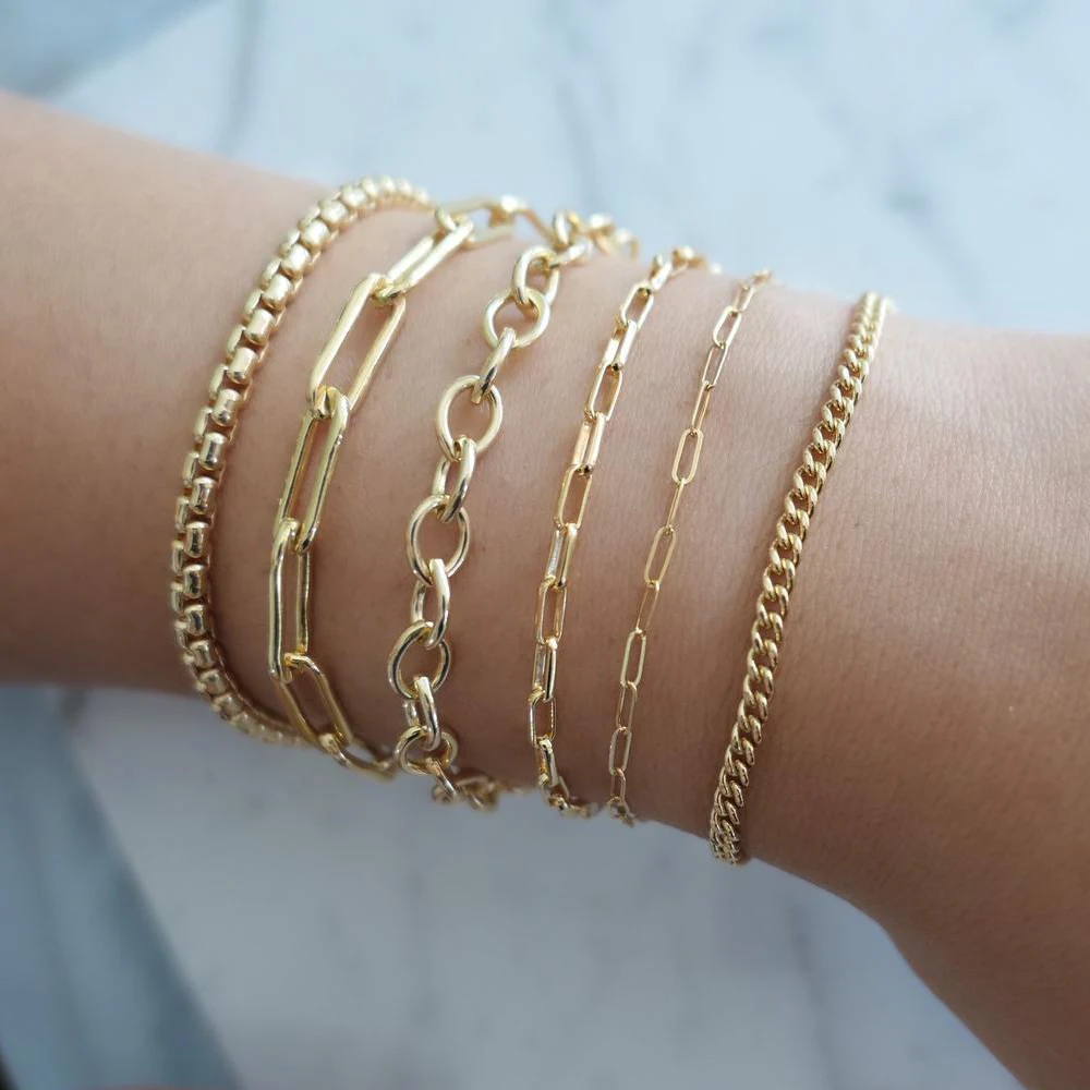 2023 Custom Women Simple Stainless Steel 14k Gold Filled Link Chain Layered Bracelet,Rectangle Paper Clip Chain Bracelets