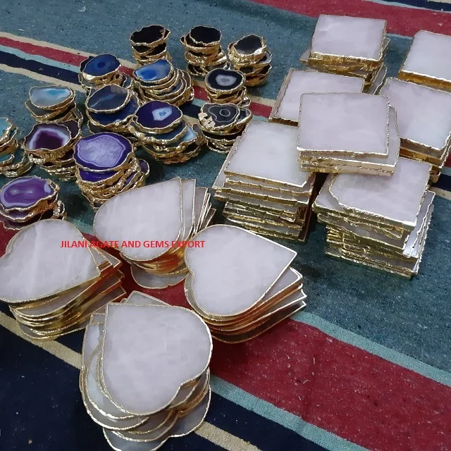 Wholesale Natural Stone Rose Quartz Agate Slices Gold Platted Table & Coaster Heart Pattern Chakra Style Hot Sale Items