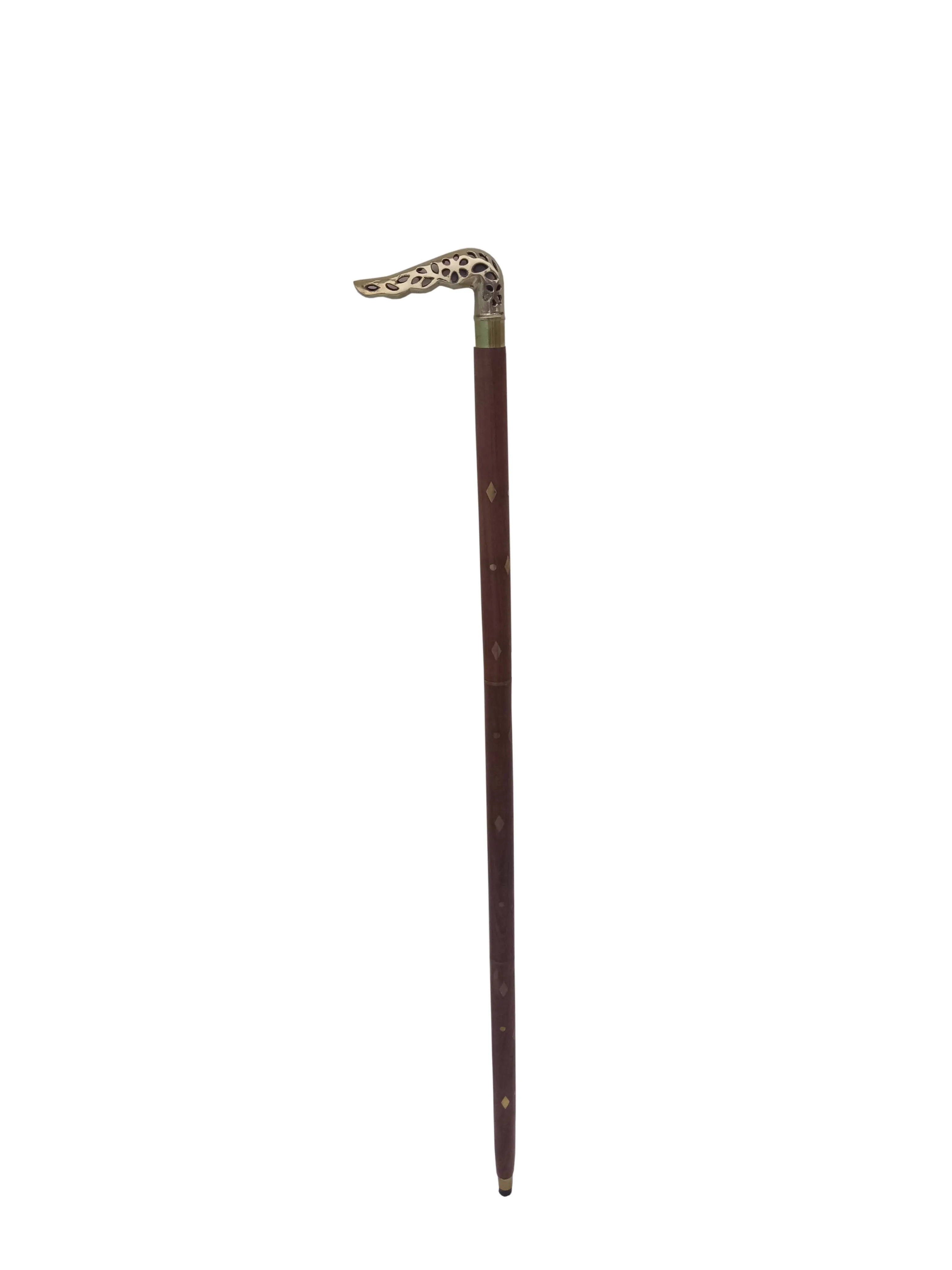 Designer Brown Shaft Walking Stick with Brass Black Leaf design Brass Handle Fold-able Shaft Stick 36 Inch Walking Stick