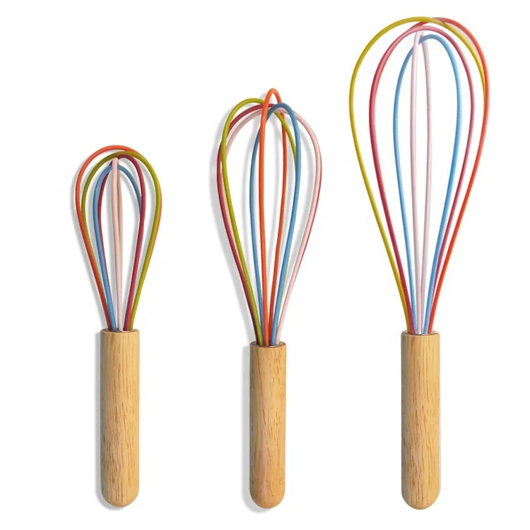 10 Inches Sturdy Oak Wood Silicone Wire Egg Beater Egg Whisk
